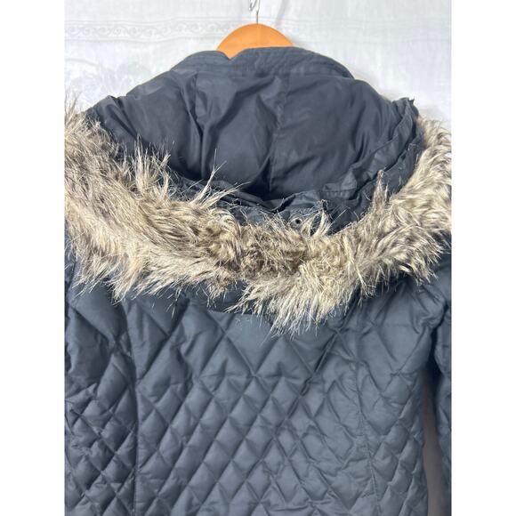 Eddie Bauer Puffer Coat Small Black Goose Down Faux Fur Lined Hood Long Length - Picture 9 of 16
